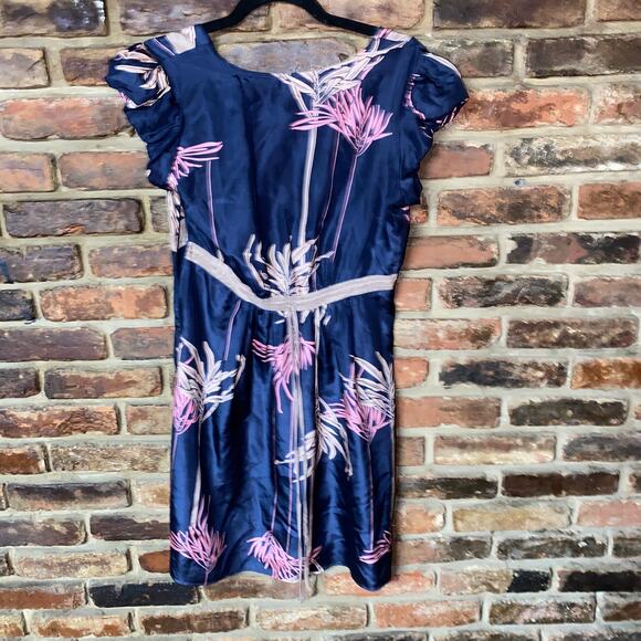 Harkham Navy Blue Floral Silk Short Sleeve Mini Dress Women's Size 6 - Picture 6 of 6